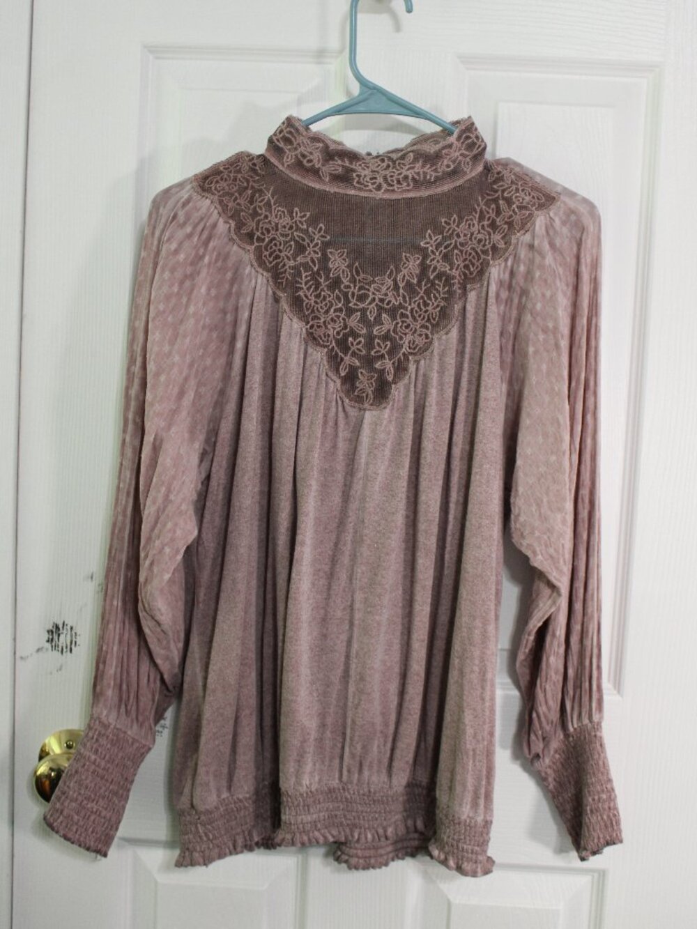 Gimmicks by BKE Women's Mauve Washed Mock Sheer Lace Neck Long Sleeve Shirt